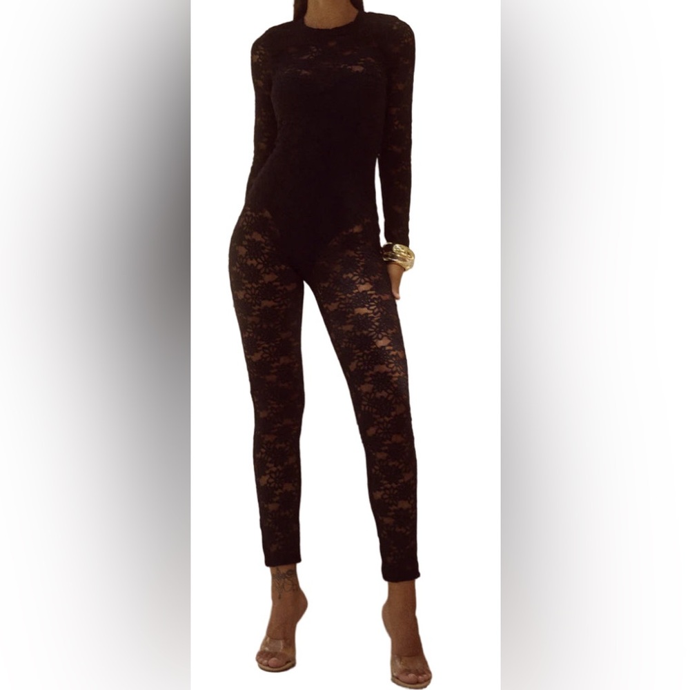 Black Lace Long-Sleeve Jumpsuit